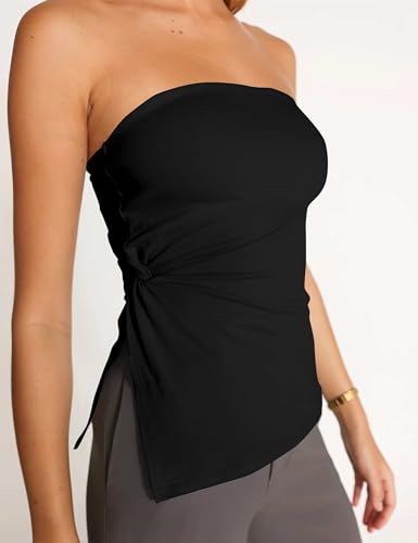 Women Sexy Strapless Backless Tube Tops Off Shoulder Knot Side Split Bandeau Asymmetrical Hem Y2K Top