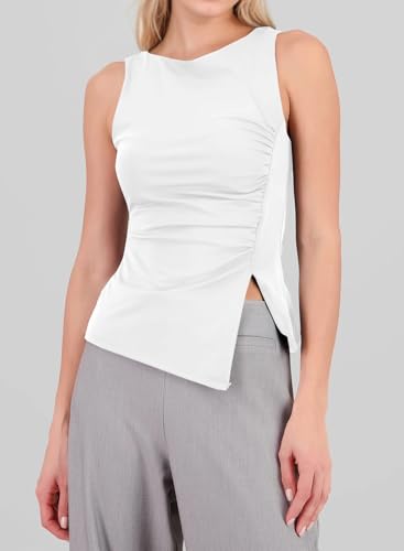 Women Boat Neck Tank Tops Asymmetrical Side Split Sleeveless Slim Fit Ruched Top