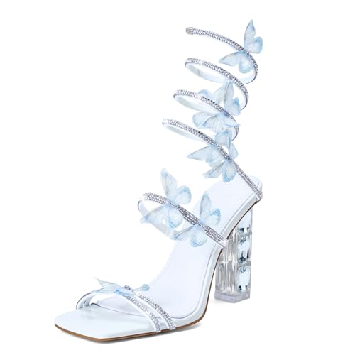 Butterfly Rhinestone Strappy Heels - Crystal High Block Heeled Square Open Toe