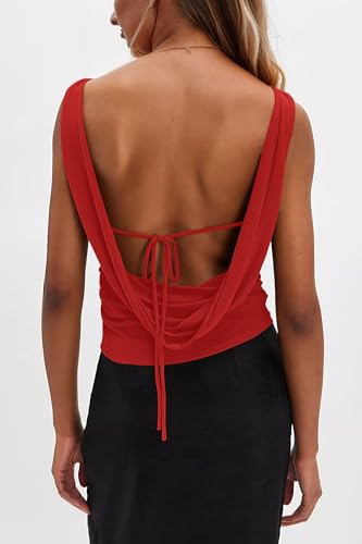 Sexy Backless Boat Neck Sleeveless Shirts Top Drawstring Ruched Fitted Y2k