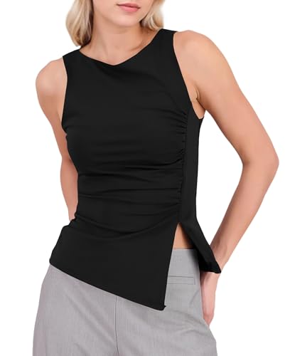 Women Boat Neck Tank Tops Asymmetrical Side Split Sleeveless Slim Fit Ruched Top