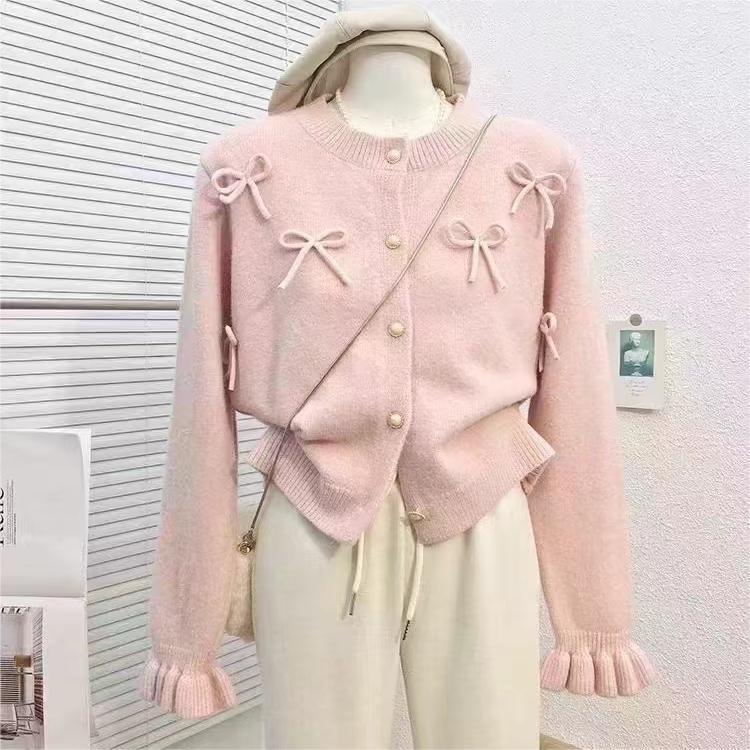 Design Bow Bell Sleeve Sweater Coat Sweet Knitted Cardigan