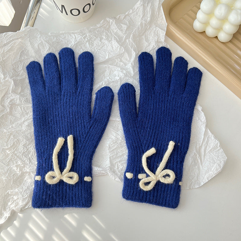 Winter New Bow Pure Color Warm Keeping Finger Gloves