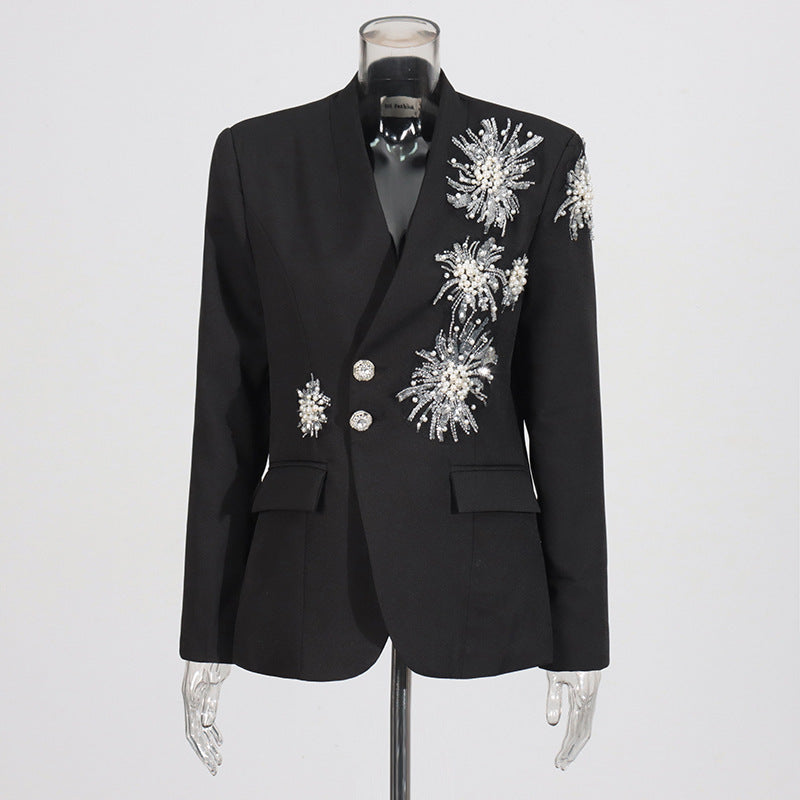 Rhinestone Design Solid Color Suit Coat For Women