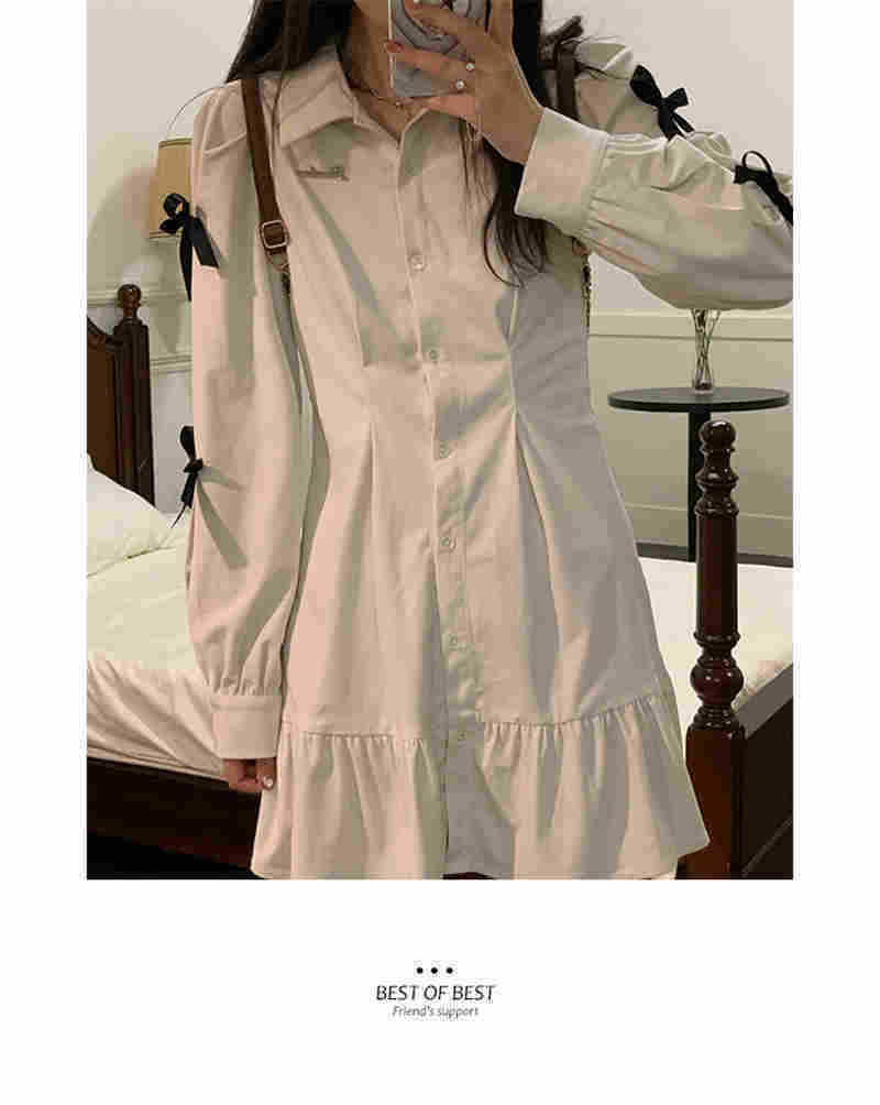 Women Bow Shirt Dress Polo Collar White Long Sleeve Short Dress