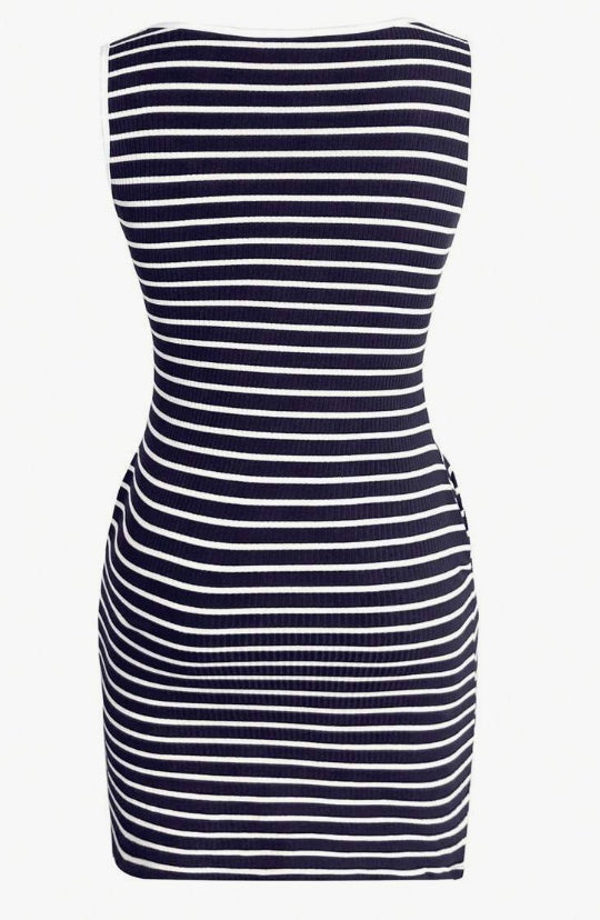 Round Neck Keyhole Button Pockets Striped Fitted Knit Tank Dress