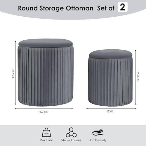 Set of 3 Velvet Round Storage Ottomans – Modern Upholstered Vanity Stool & Foot Rest with Hidden Storage