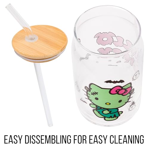 Sanrio Glass Jar Tumbler with Bamboo Lid and Glass Straw, 16 Ounces