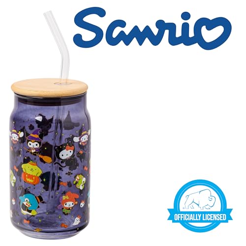 Sanrio Glass Jar Tumbler with Bamboo Lid and Glass Straw, 16 Ounces