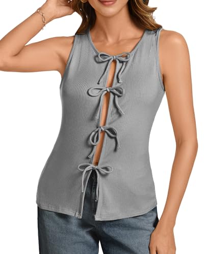 Ribbed Tank Tops for Womens - Y2k Sleeveless Bow Tie Front Shirts Cute Top