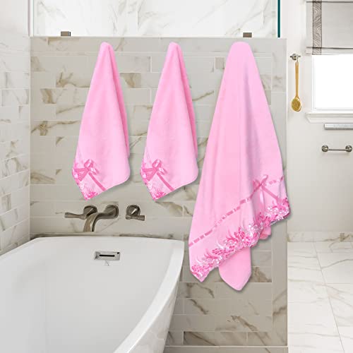 Pink Lace Bath Towels, Velet Ultra Soft & Absorbent Bath Towel and Hand Towels Set for Bathroom