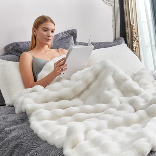 Faux Fur Throw Blanket -Fuzzy Soft Plush Thick Bubble Blanket