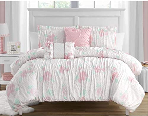 Pretty Floral 4-Piece Comforter set with Smocking and Ruffled texture, Girls, Teen bedding, Shabby Chic, White/Pink/Aqua