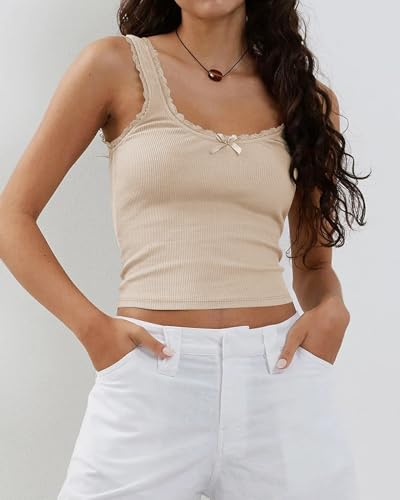 Women's Tank Tops Cute Slim Fitted Ribbed Knit Bow Lace Camisole