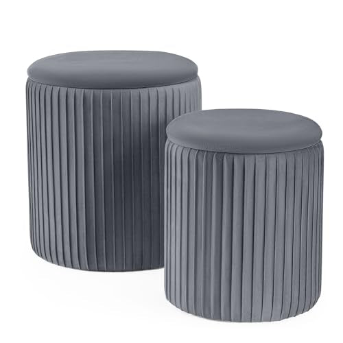 Set of 3 Velvet Round Storage Ottomans – Modern Upholstered Vanity Stool & Foot Rest with Hidden Storage