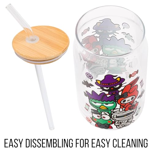 Sanrio Glass Jar Tumbler with Bamboo Lid and Glass Straw, 16 Ounces