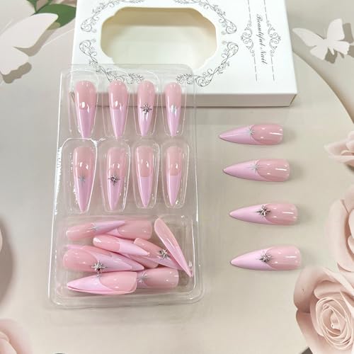 Press on Nails Ballerina Rhinestones Fake Nails Extra Long Stiletto Acrylic Nails Glossy Artificial Glue on Nails for Women