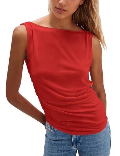 Sexy Backless Boat Neck Sleeveless Shirts Top Drawstring Ruched Fitted Y2k