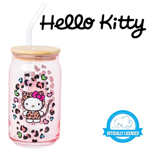 Sanrio Glass Jar Tumbler with Bamboo Lid and Glass Straw, 16 Ounces