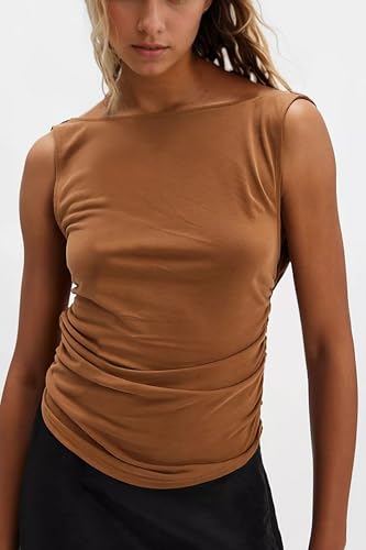 Sexy Backless Boat Neck Sleeveless Shirts Top Drawstring Ruched Fitted Y2k