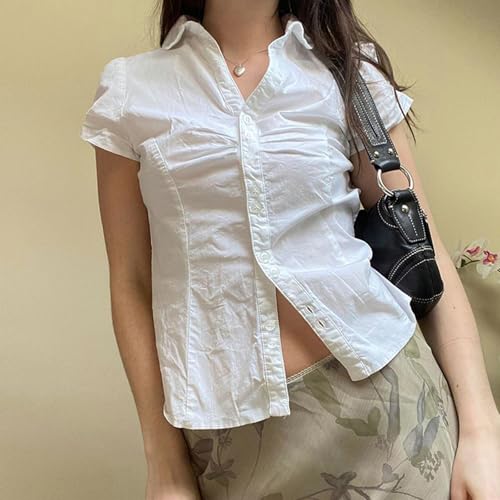 Women Y2k Coquette Button Down Shirt Cute Button Up Cap Sleeve V Neck Preppy Slim Fit Summer 90s Crop Top Blouse