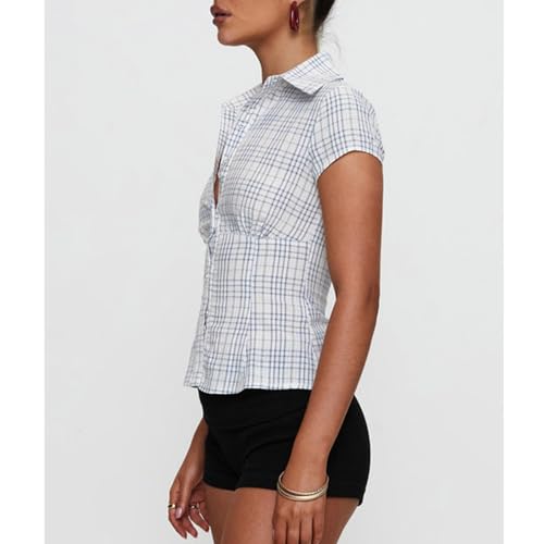 Women Y2k Coquette Button Down Shirt Cute Button Up Cap Sleeve V Neck Preppy Slim Fit Summer 90s Crop Top Blouse