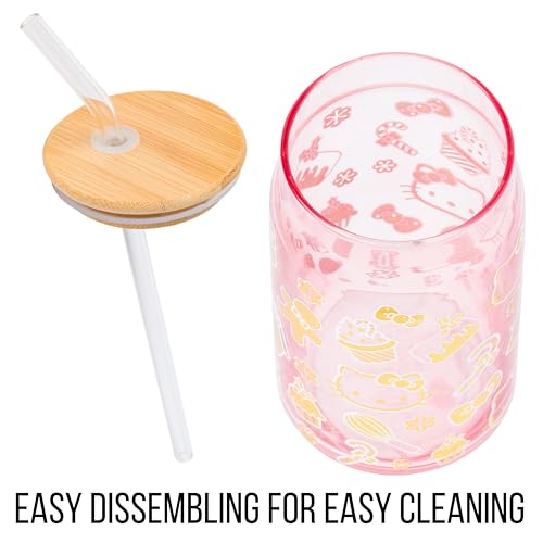 Sanrio Glass Jar Tumbler with Bamboo Lid and Glass Straw, 16 Ounces