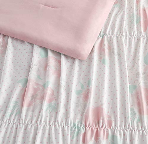 Pretty Floral 4-Piece Comforter set with Smocking and Ruffled texture, Girls, Teen bedding, Shabby Chic, White/Pink/Aqua