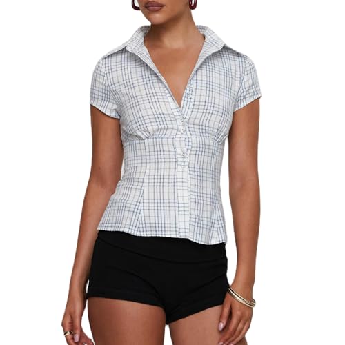 Women Y2k Coquette Button Down Shirt Cute Button Up Cap Sleeve V Neck Preppy Slim Fit Summer 90s Crop Top Blouse