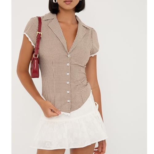 Women Y2k Coquette Button Down Shirt Cute Button Up Cap Sleeve V Neck Preppy Slim Fit Summer 90s Crop Top Blouse