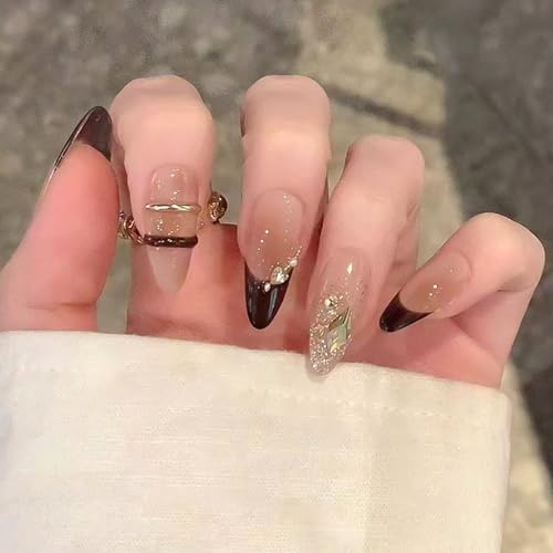 Press on Nails Ballerina Rhinestones Fake Nails Extra Long Stiletto Acrylic Nails Glossy Artificial Glue on Nails for Women