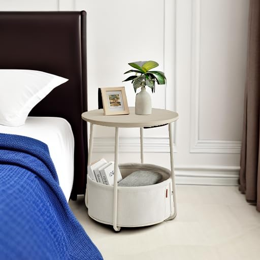 Small Bedside Table with Fabric Basket, Modern Nightstand, Round Side Table