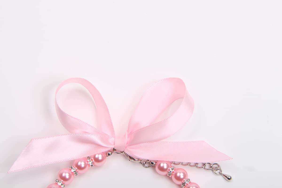 Pearls Necklace Collar with Bling Accessories and Ribbon Bow Pet Jewelry