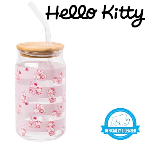 Sanrio Glass Jar Tumbler with Bamboo Lid and Glass Straw, 16 Ounces