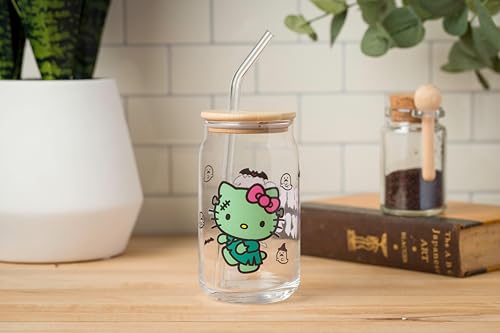 Sanrio Glass Jar Tumbler with Bamboo Lid and Glass Straw, 16 Ounces