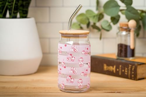 Sanrio Glass Jar Tumbler with Bamboo Lid and Glass Straw, 16 Ounces