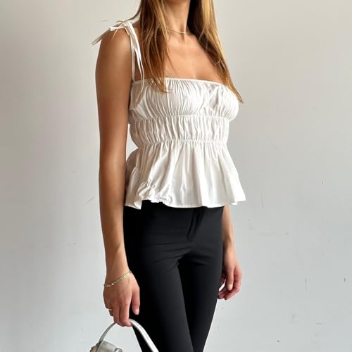 Ruched Cami Tops Sleeveless Open Back Low Cut Peplum Crop Tank