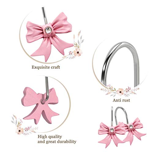 Pink Bow Knot Resin Curtain Hooks Shower Rings for Bathroom 12 PCS