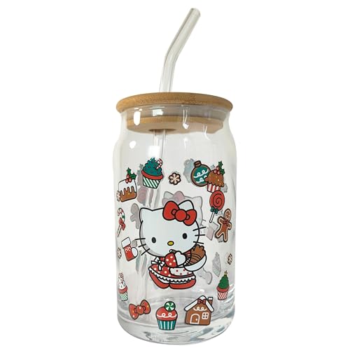 Sanrio Glass Jar Tumbler with Bamboo Lid and Glass Straw, 16 Ounces