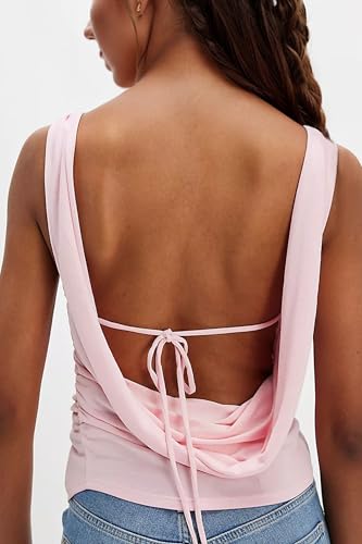 Sexy Backless Boat Neck Sleeveless Shirts Top Drawstring Ruched Fitted Y2k