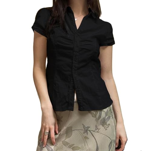 Women Y2k Coquette Button Down Shirt Cute Button Up Cap Sleeve V Neck Preppy Slim Fit Summer 90s Crop Top Blouse