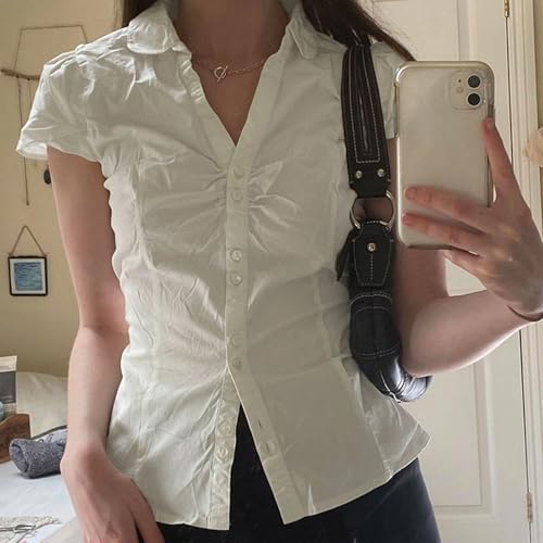 Women Y2k Coquette Button Down Shirt Cute Button Up Cap Sleeve V Neck Preppy Slim Fit Summer 90s Crop Top Blouse