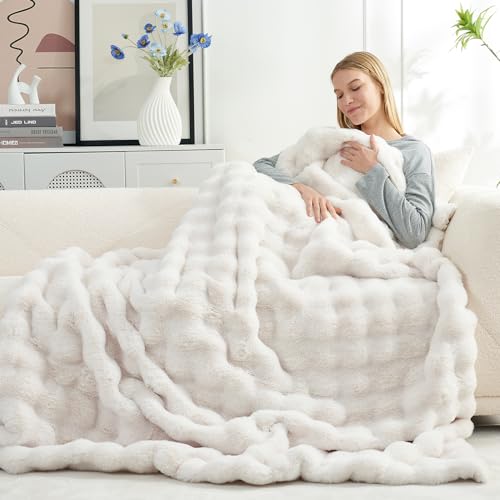 Faux Fur Throw Blanket -Fuzzy Soft Plush Thick Bubble Blanket