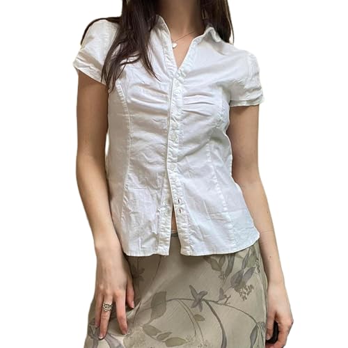 Women Y2k Coquette Button Down Shirt Cute Button Up Cap Sleeve V Neck Preppy Slim Fit Summer 90s Crop Top Blouse