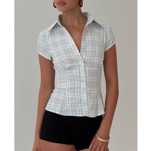 Women Y2k Coquette Button Down Shirt Cute Button Up Cap Sleeve V Neck Preppy Slim Fit Summer 90s Crop Top Blouse