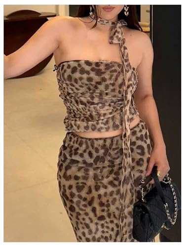 Women's Leopard Print Skirts Set - Sheer Strapless Tube Top and Maxi Skirts 2 Piece Outfit