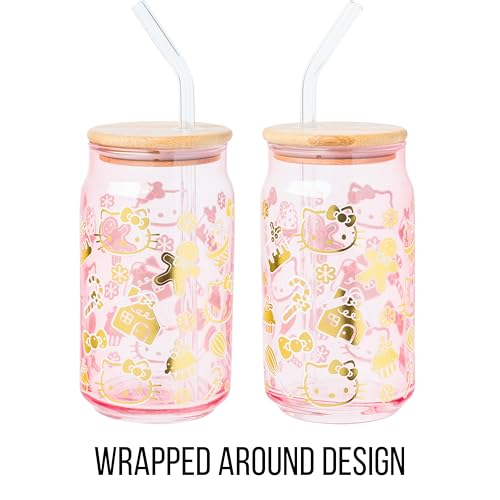 Sanrio Glass Jar Tumbler with Bamboo Lid and Glass Straw, 16 Ounces