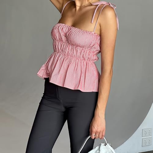 Ruched Cami Tops Sleeveless Open Back Low Cut Peplum Crop Tank