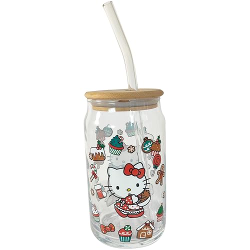 Sanrio Glass Jar Tumbler with Bamboo Lid and Glass Straw, 16 Ounces