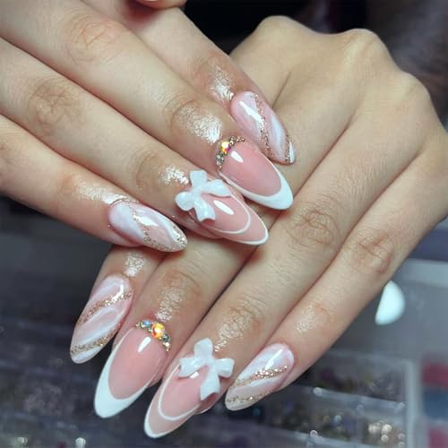 Press on Nails Ballerina Rhinestones Fake Nails Extra Long Stiletto Acrylic Nails Glossy Artificial Glue on Nails for Women